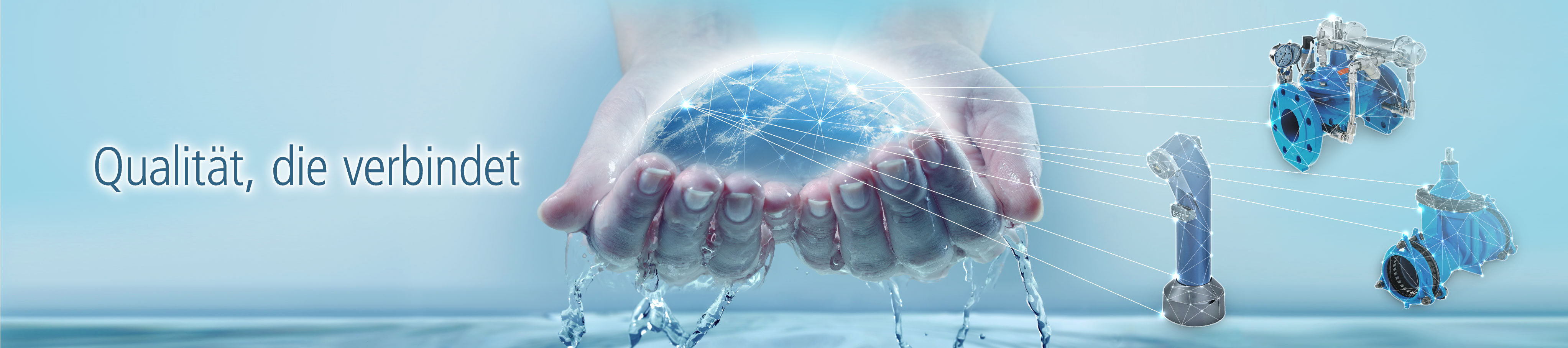 Grafische Komposition mit Produkten für den Wasserleitungsbau von Hawle als Themenbild des Headers für die Website