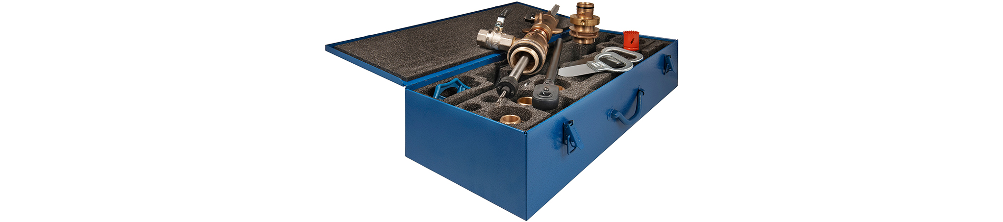 Abbildung eines Werkzeug- und Armaturenkoffers für den Wasser- und Gasleitungsbau als Bereichsbild der Seite "Speziallösungen" der Hawle Armaturen AG.