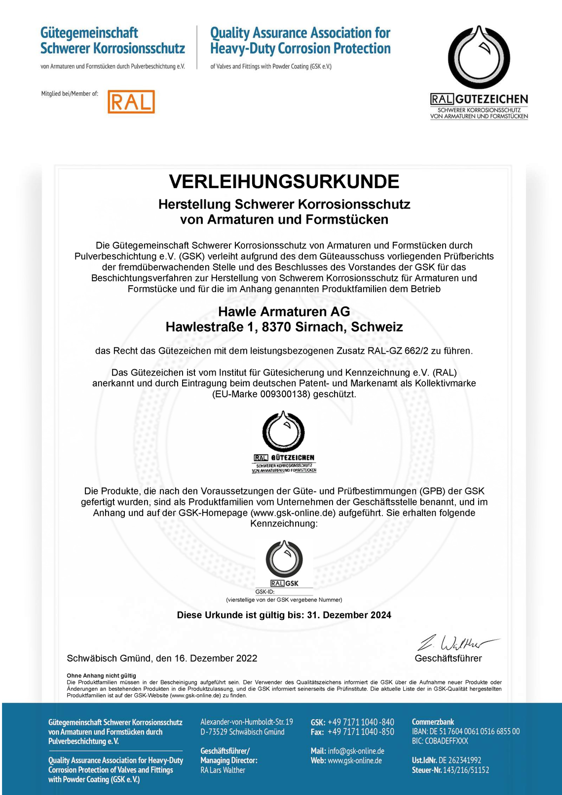 Qualitätsmanagement-Zertifikat ISO 9001:2015 der Firma Hawle Armaturen AG.